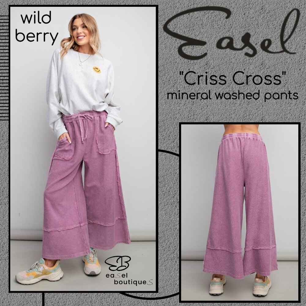 EASEL "Criss Cross" Mineral Washed Cotton Raw Seams Cropped Flared Pants Pockets